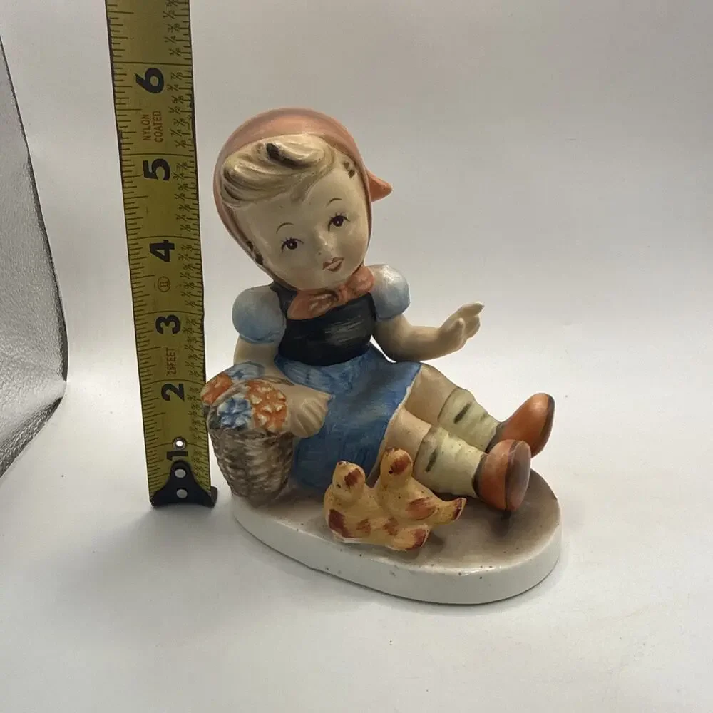 Vintage Porcelain Girl Figurine w/ Flower Basket & Chicks F-2 Hand Painted *